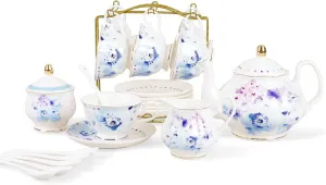 fanquare Floral Porcelain Tea Set, Elegant Blue Coffee Set, Modern Tea Service for 6, Tea Party Set for Birthday, Wedding