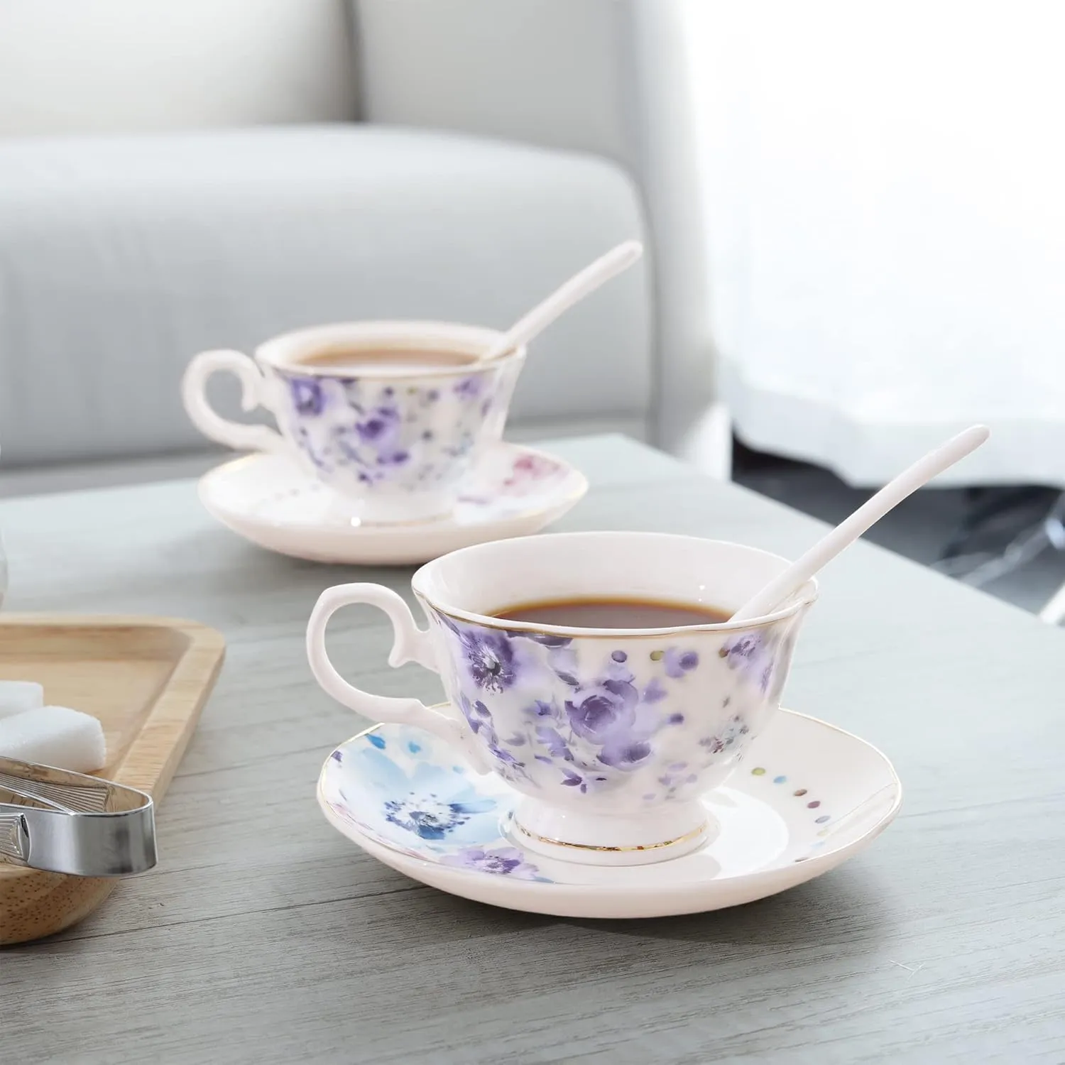 fanquare Floral Porcelain Tea Set, Elegant Blue Coffee Set, Modern Tea Service for 6, Tea Party Set for Birthday, Wedding