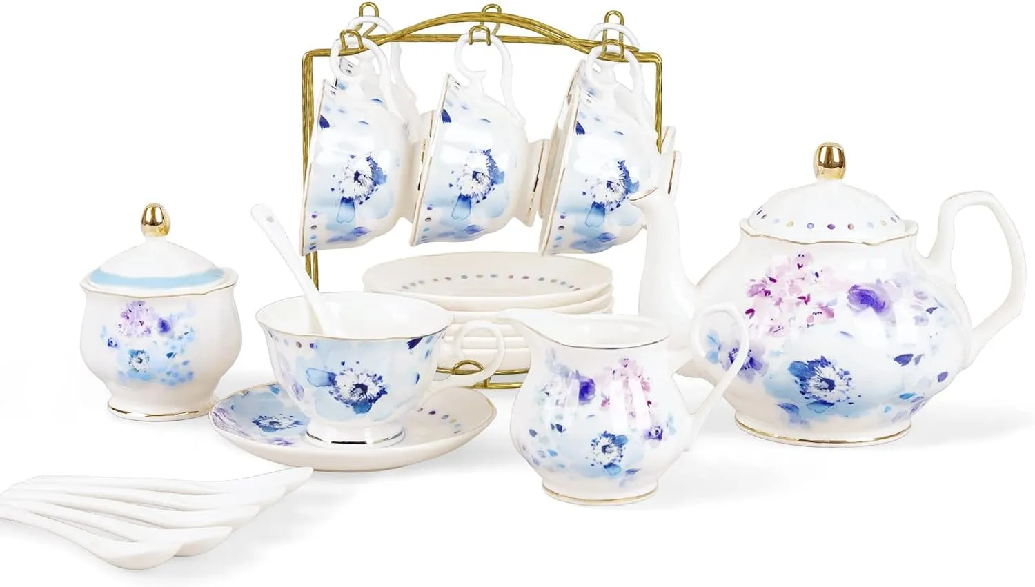 fanquare Floral Porcelain Tea Set, Elegant Blue Coffee Set, Modern Tea Service for 6, Tea Party Set for Birthday, Wedding