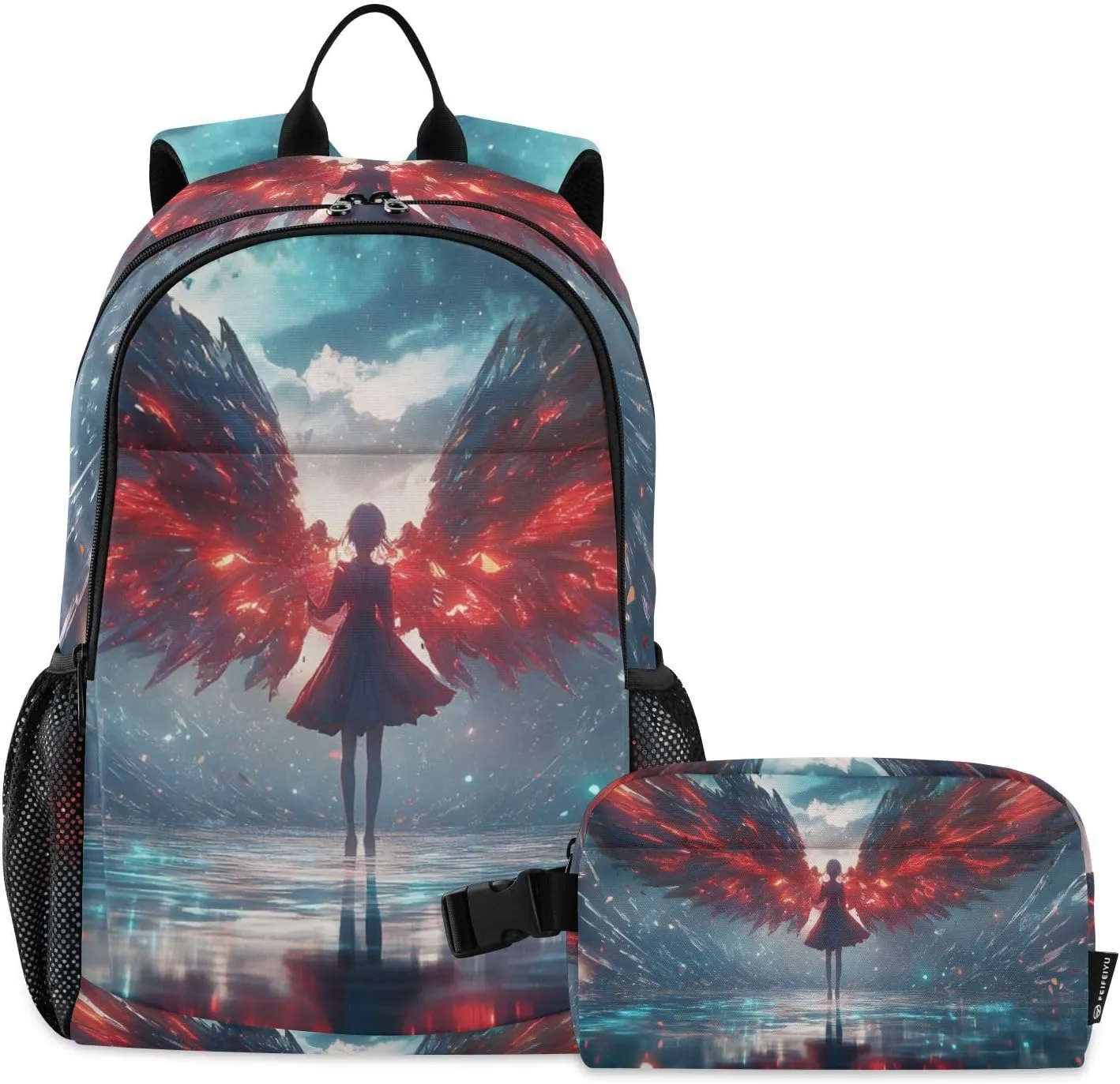 Fantasy Angel Red Wing Backpack with Lunch Box Book Bag Daypack Shoulder Bag with Insulated Lunch Bags for Women Men Travel Laptop Daypack 18.5 x 11.8 In