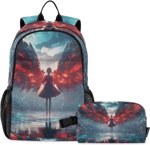 Fantasy Angel Red Wing Backpack with Lunch Box Book Bag Daypack Shoulder Bag with Insulated Lunch Bags for Women Men Travel Laptop Daypack 18.5 x 11.8 In