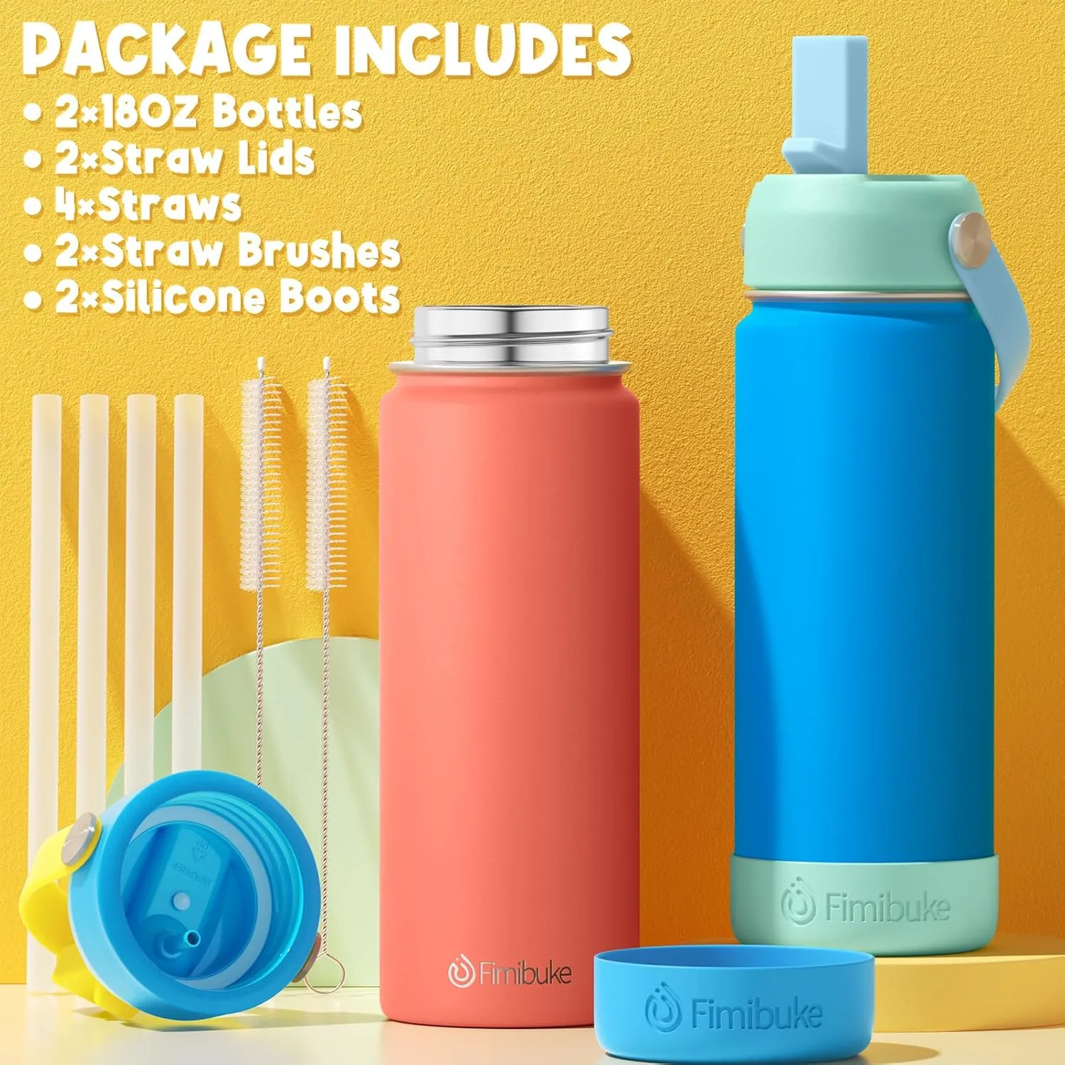 Fimibuke Kids Insulated Water Bottle, 18oz BPA FREE Kids Cups with Straw Double Wall Vacuum Tumbler 18/8 Stainless Steel Leak Proof Toddler Water Bottle for School Boys Girls (2 Pack, Coastal)