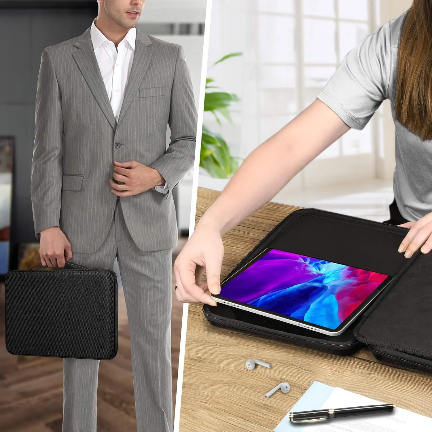 FINPAC Hard Tablet Sleeve Case for iPad Pro 13-inch M4, iPad Air 13-inch M2 2024, Pro 12.9 6th/5th, Portfolio Organizer Bag for Surface Pro 9/8/X/7/6/5, Pens, Cables, Electronics, Black