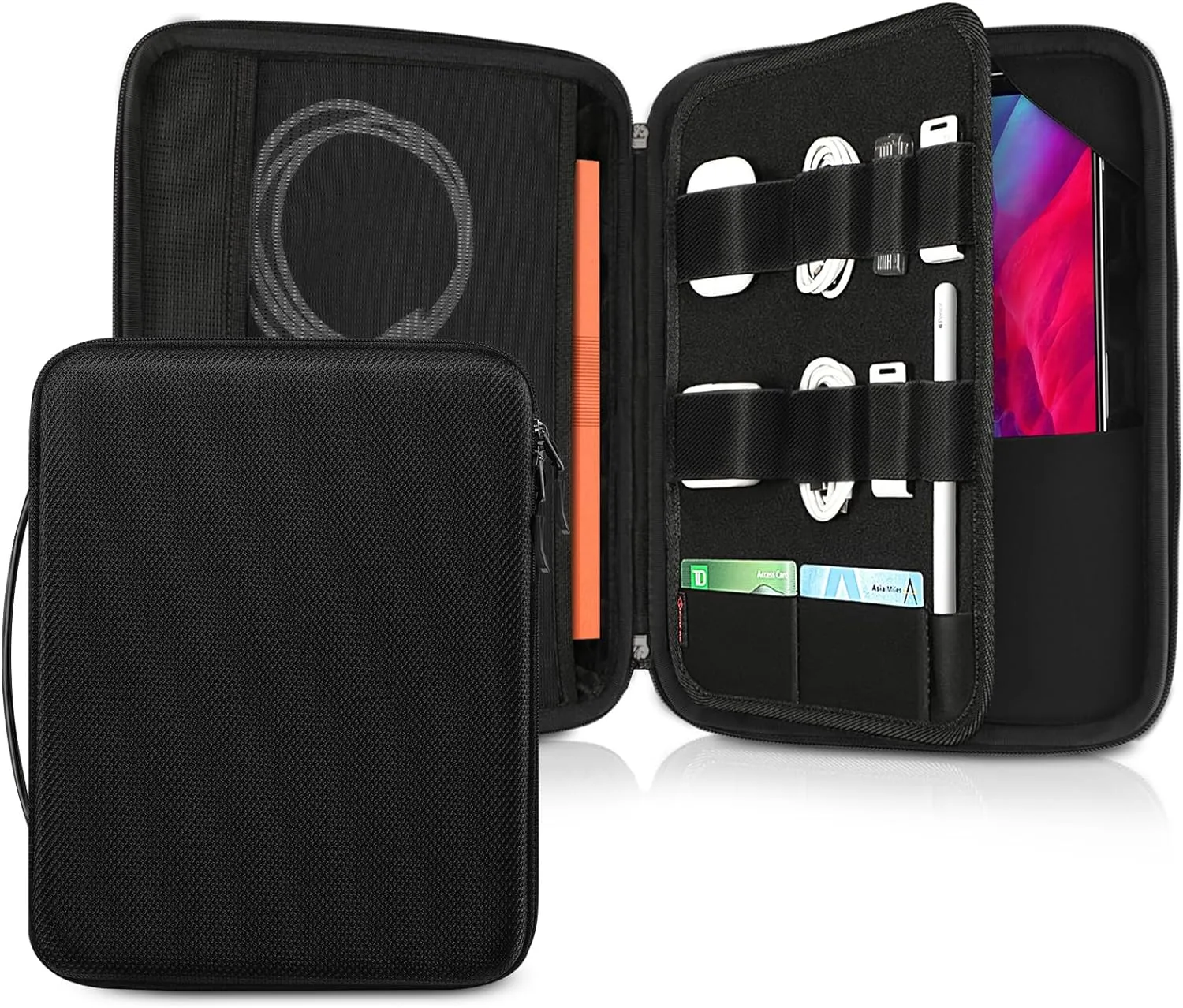 FINPAC Hard Tablet Sleeve Case for iPad Pro 13-inch M4, iPad Air 13-inch M2 2024, Pro 12.9 6th/5th, Portfolio Organizer Bag for Surface Pro 9/8/X/7/6/5, Pens, Cables, Electronics, Black
