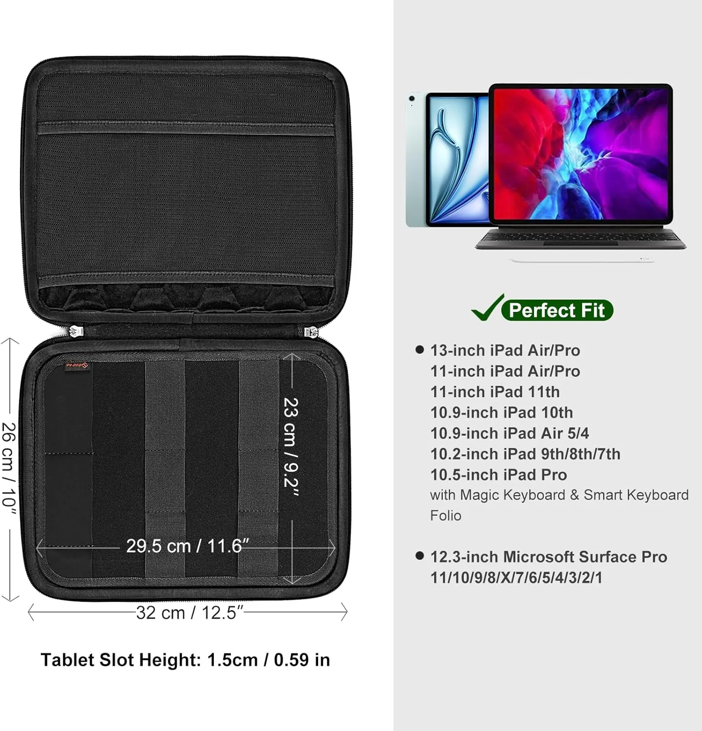 FINPAC Hard Tablet Sleeve Case for iPad Pro 13-inch M4, iPad Air 13-inch M2 2024, Pro 12.9 6th/5th, Portfolio Organizer Bag for Surface Pro 9/8/X/7/6/5, Pens, Cables, Electronics, Black
