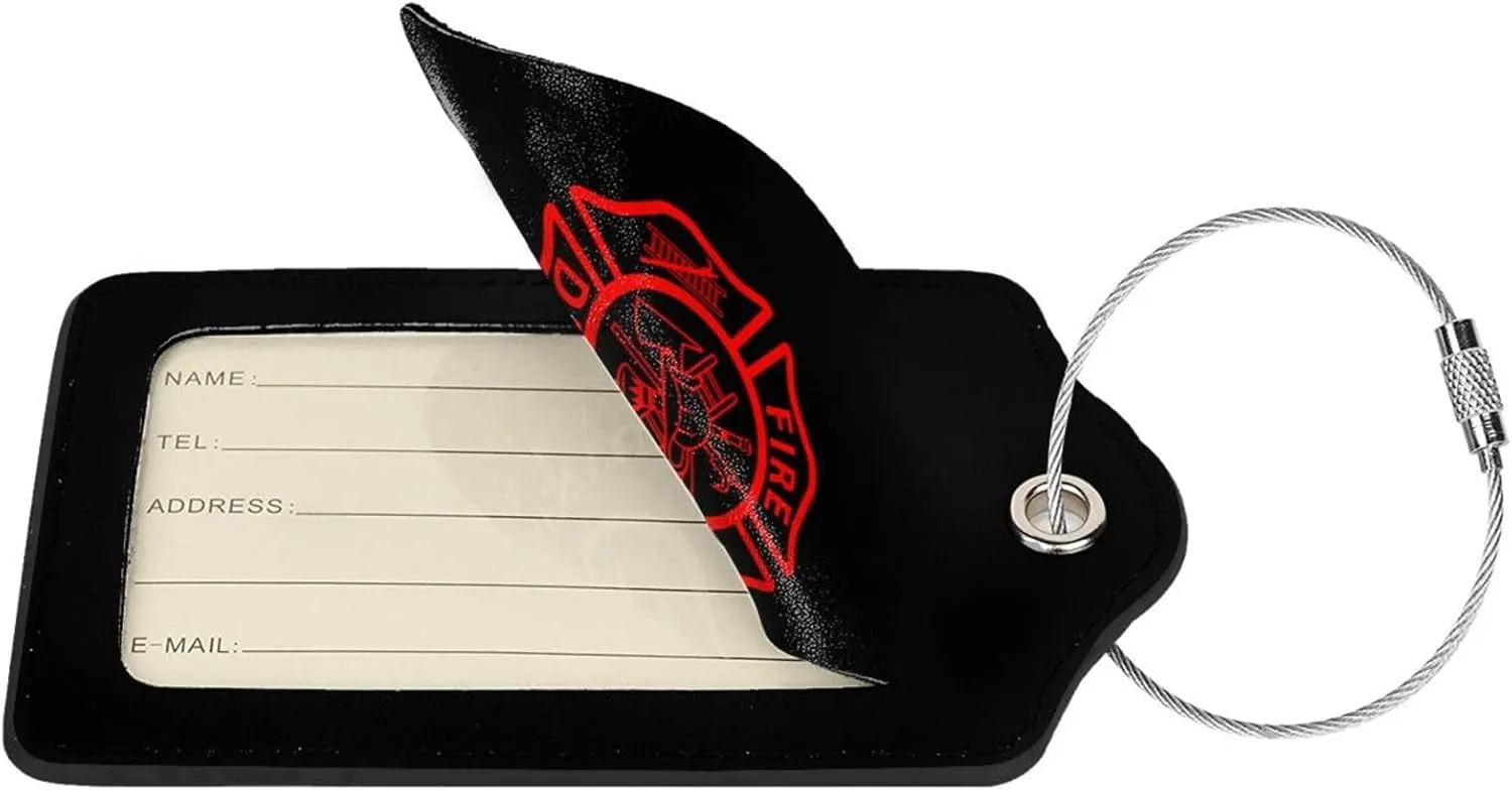 Firefighter Volunteer Fire Department Leather Baggage Bag Luggage Tags with Stainless Steel Loop and Privacy Cover