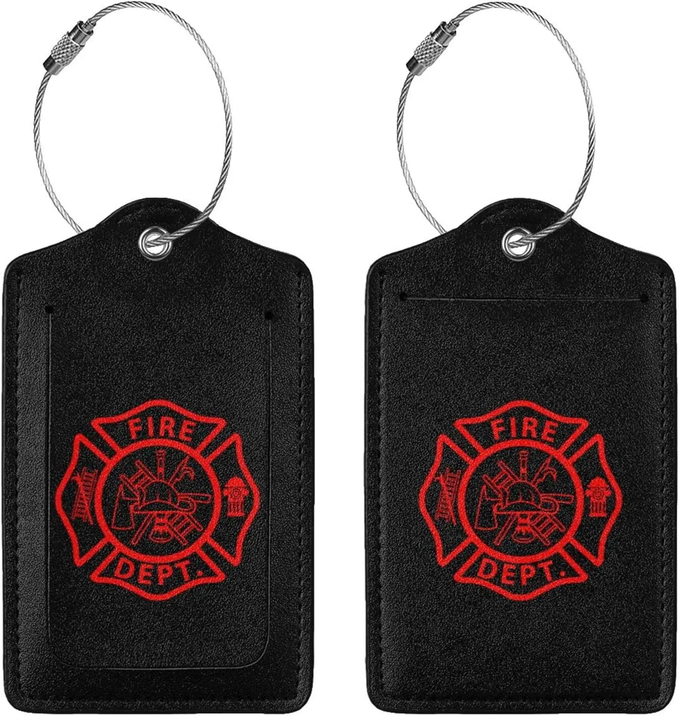 Firefighter Volunteer Fire Department Leather Baggage Bag Luggage Tags with Stainless Steel Loop and Privacy Cover