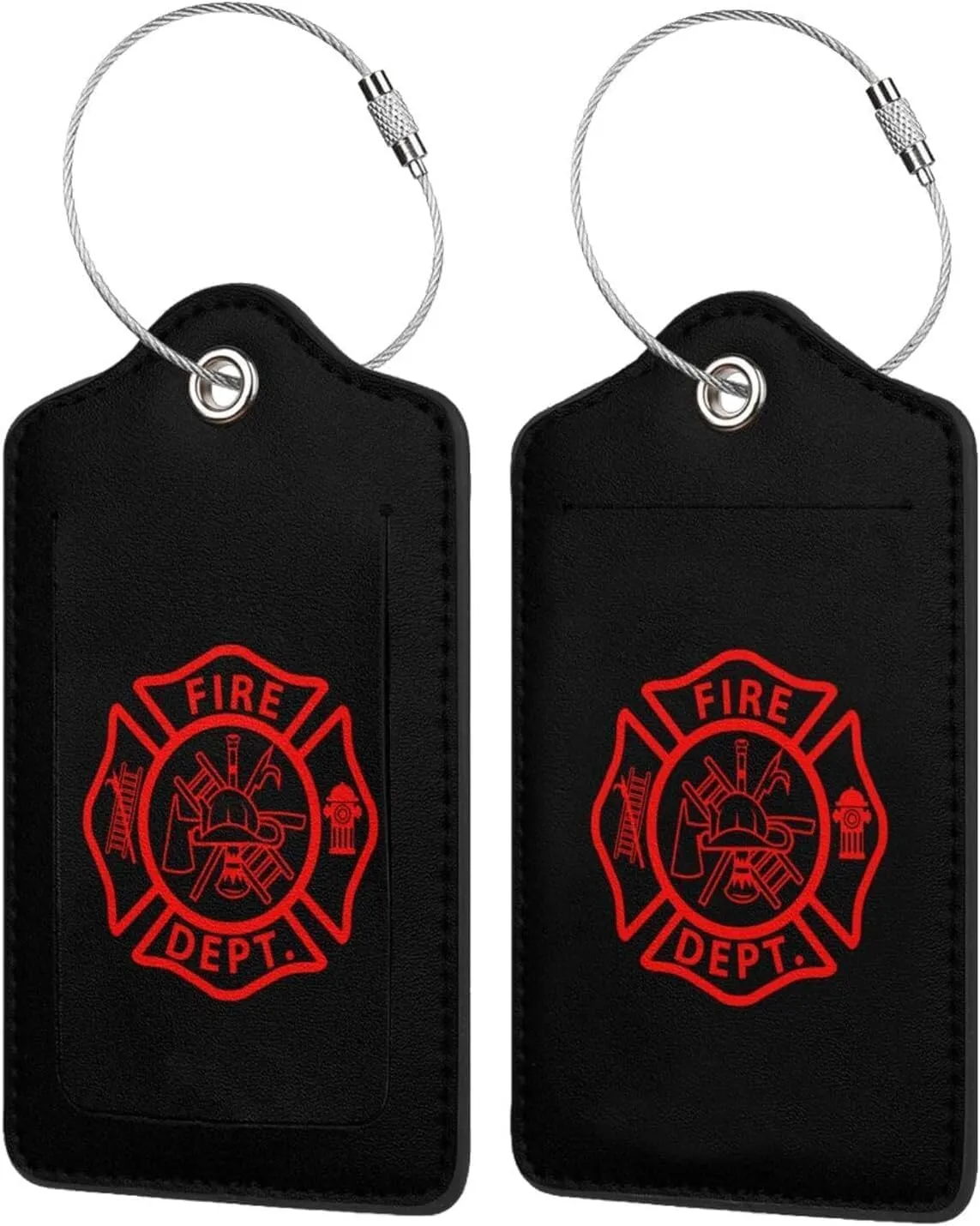 Firefighter Volunteer Fire Department Leather Baggage Bag Luggage Tags with Stainless Steel Loop and Privacy Cover
