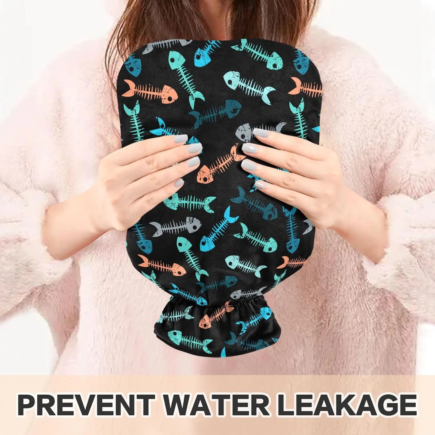 Fishbones Black Classic Hot Water Bottle with Cover 1L Durable Hot Water Bag Hot Water Bed Warmer for Neck, Shoulders and Legs Pain Relief, Menstrual Cramps