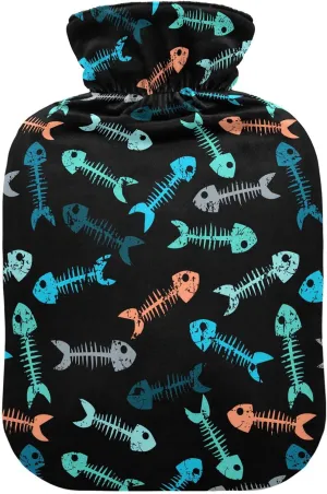 Fishbones Black Classic Hot Water Bottle with Cover 1L Durable Hot Water Bag Hot Water Bed Warmer for Neck, Shoulders and Legs Pain Relief, Menstrual Cramps