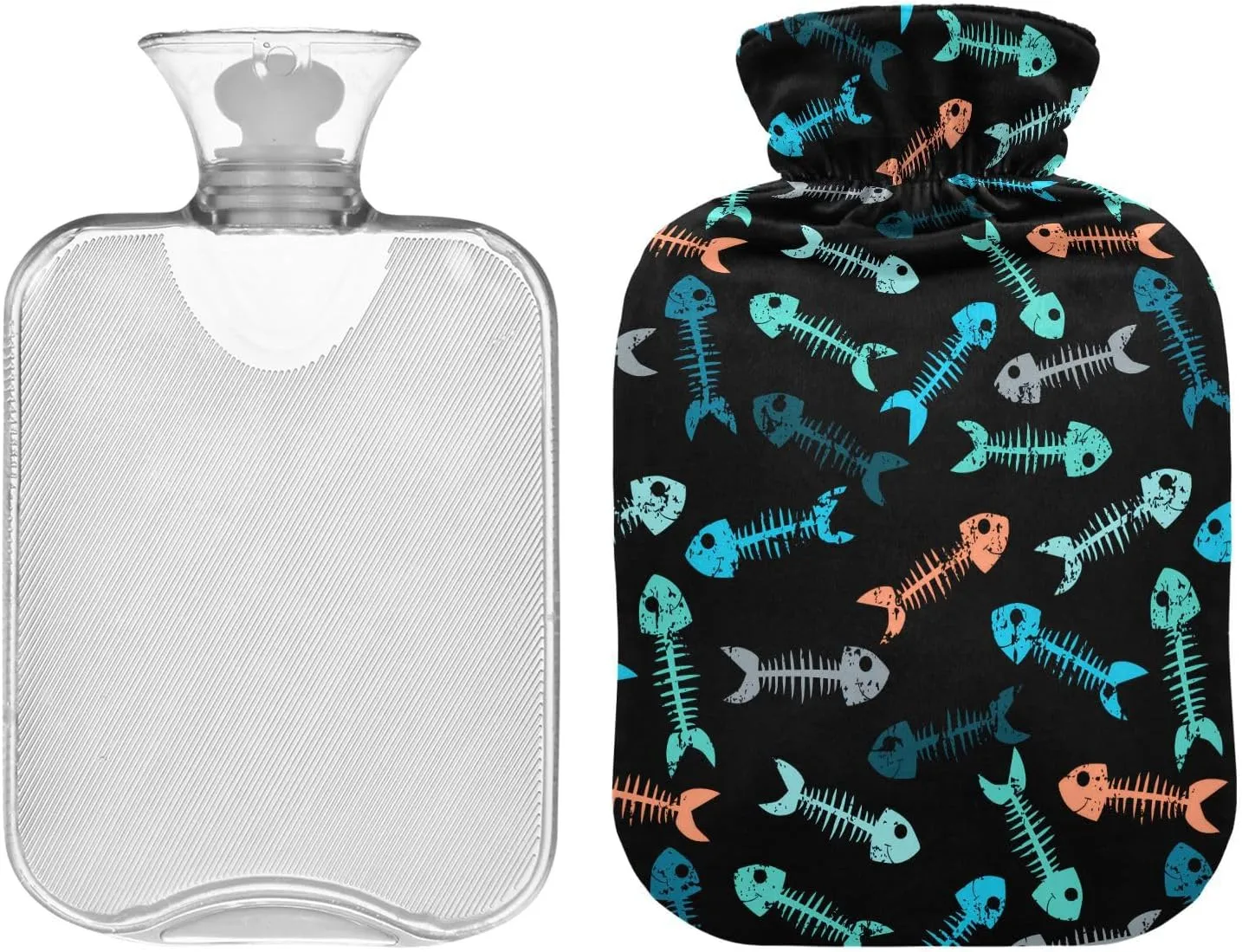 Fishbones Black Classic Hot Water Bottle with Cover 1L Durable Hot Water Bag Hot Water Bed Warmer for Neck, Shoulders and Legs Pain Relief, Menstrual Cramps