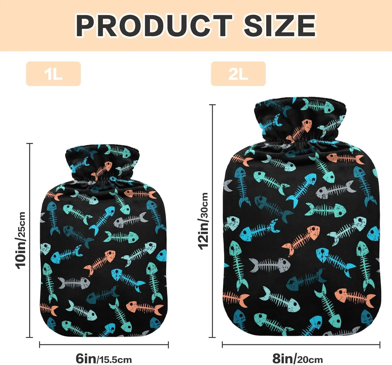 Fishbones Black Classic Hot Water Bottle with Cover 1L Durable Hot Water Bag Hot Water Bed Warmer for Neck, Shoulders and Legs Pain Relief, Menstrual Cramps