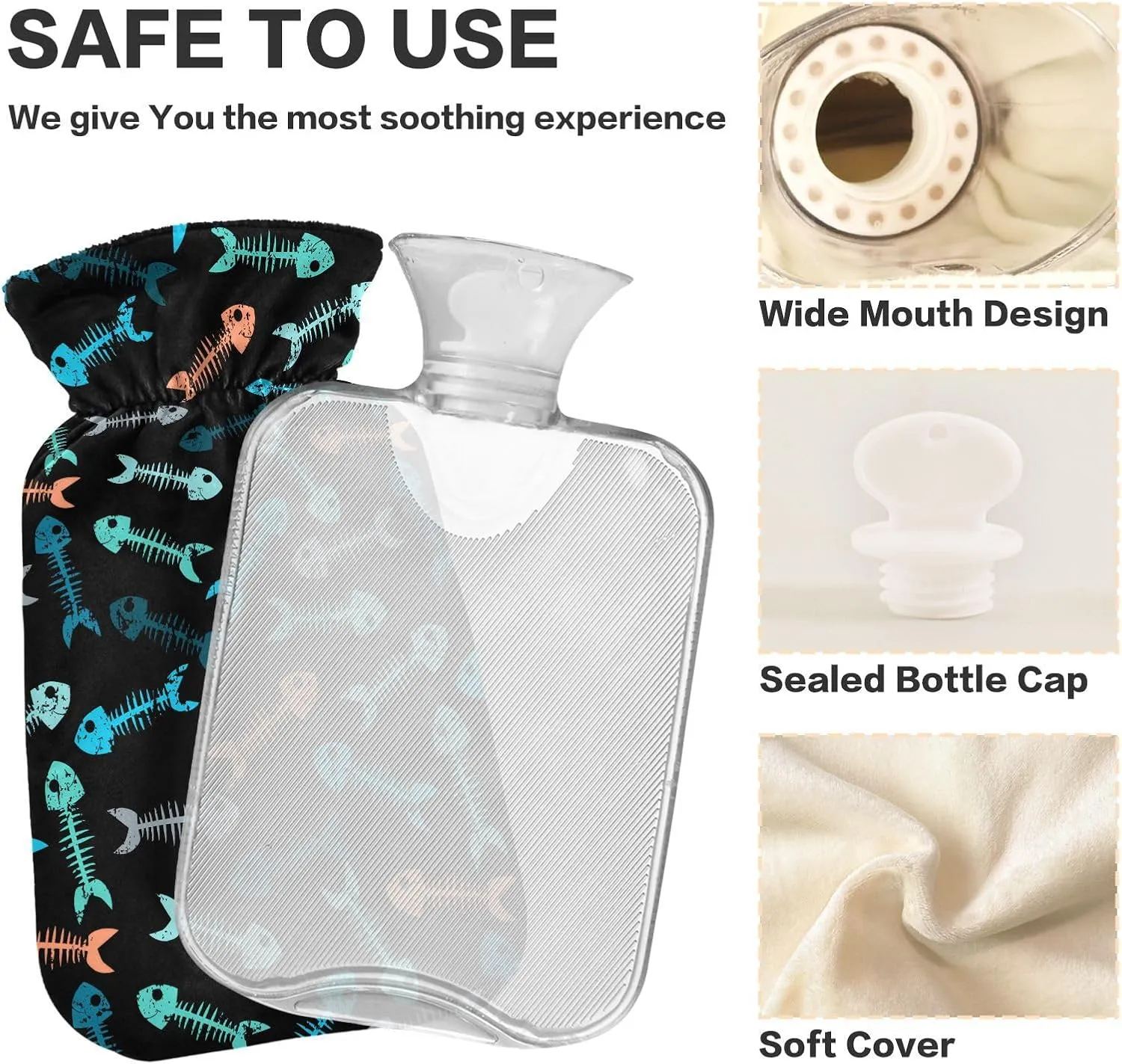 Fishbones Black Classic Hot Water Bottle with Cover 1L Durable Hot Water Bag Hot Water Bed Warmer for Neck, Shoulders and Legs Pain Relief, Menstrual Cramps