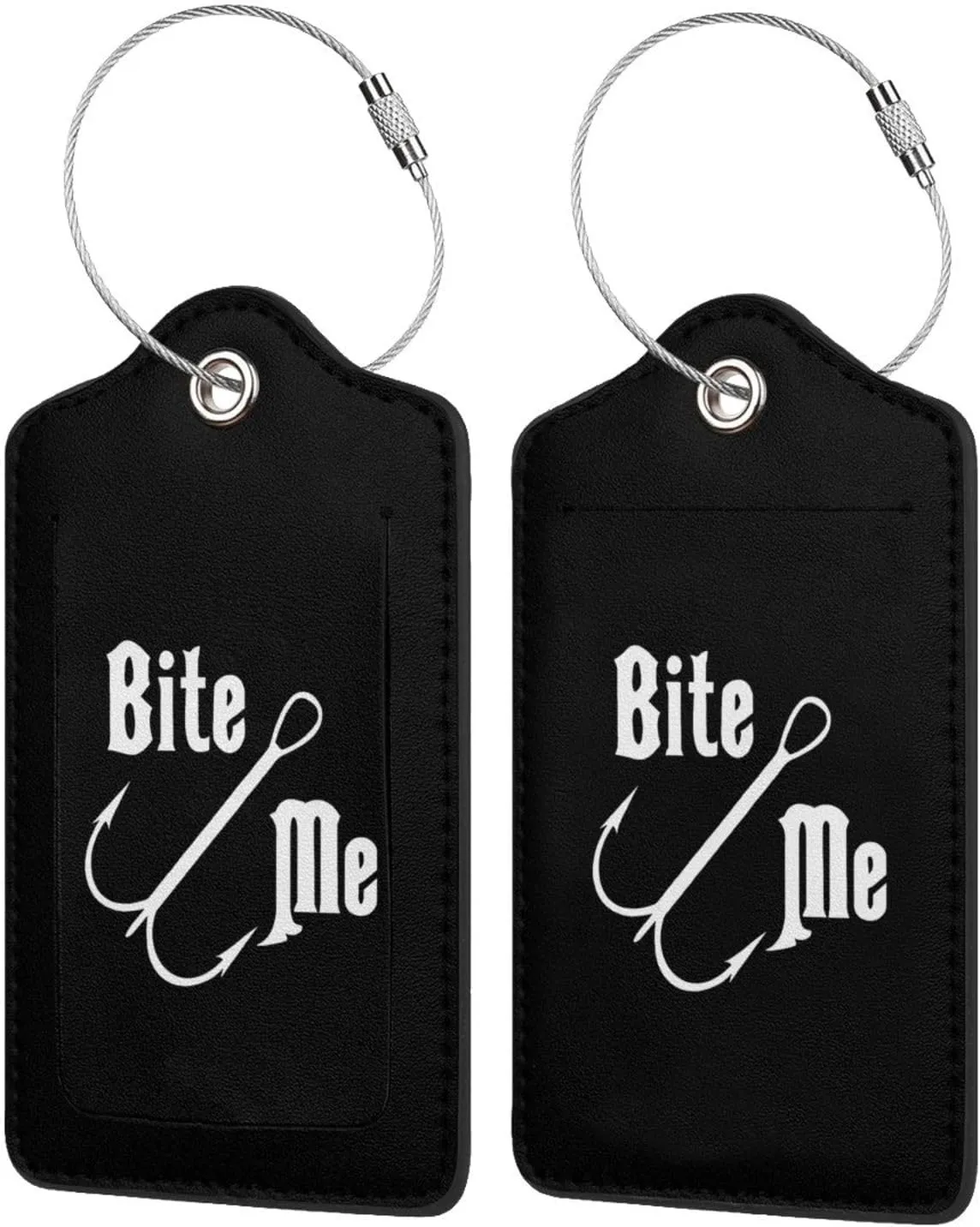 Fisherman's Fish Hook Bite Me Luggage tag with Stainless Steel Ring for Travel Bags and suitcases 2 PCS