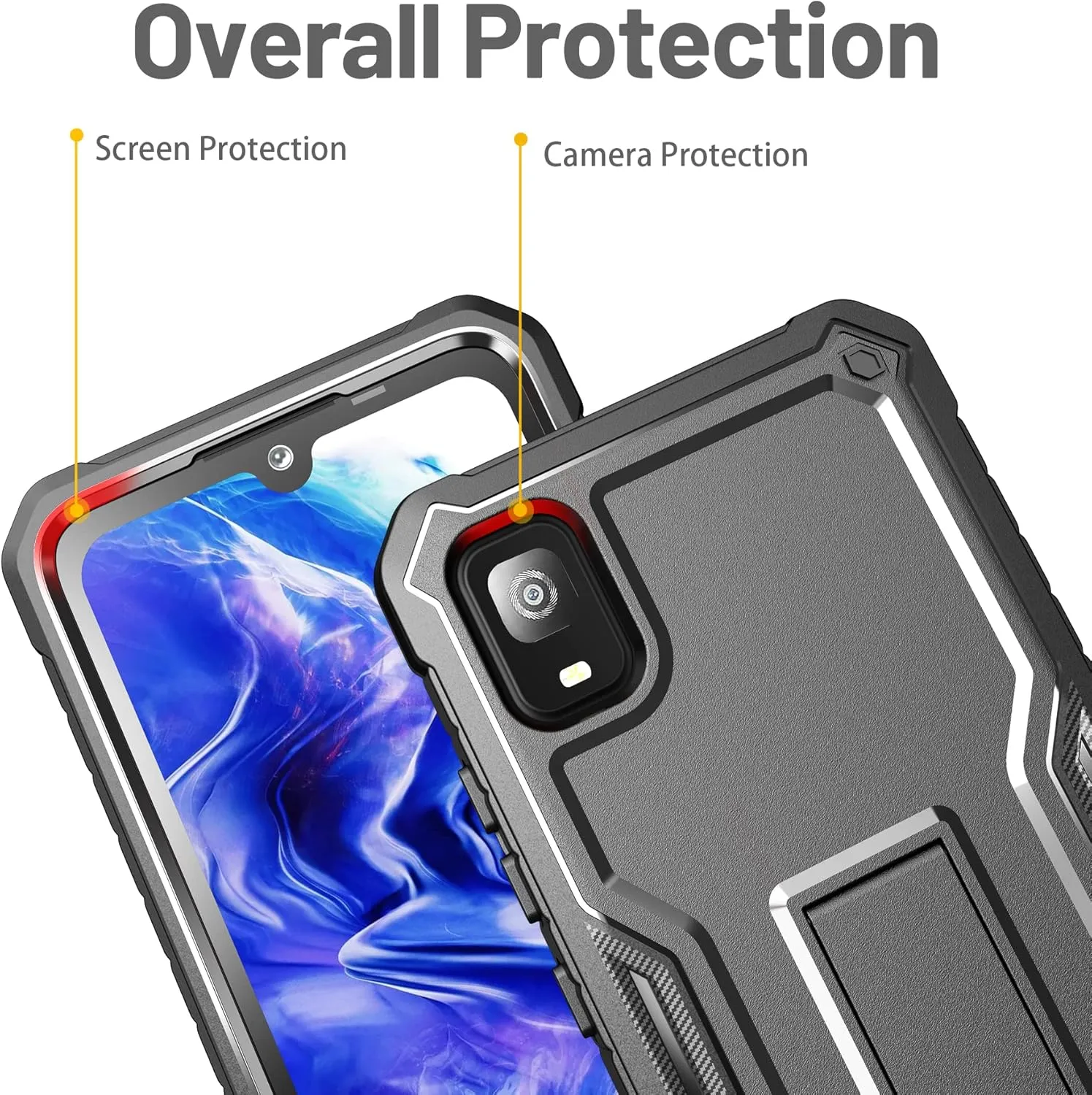 FITO for TCL 30Z / 30 LE Case, Dual Layer Shockproof Heavy Duty Case with Screen Protector, Built-in Kickstand (Black)