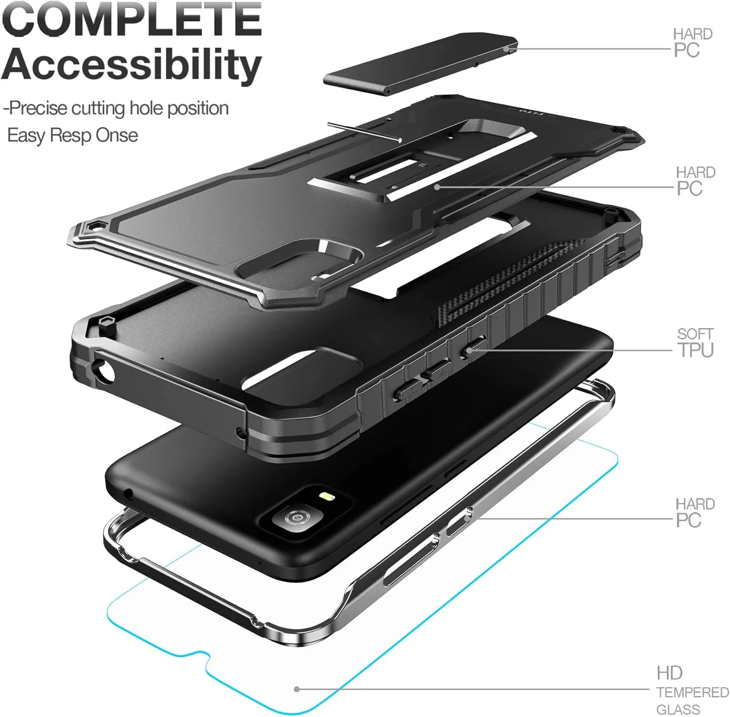 FITO for TCL 30Z / 30 LE Case, Dual Layer Shockproof Heavy Duty Case with Screen Protector, Built-in Kickstand (Black)