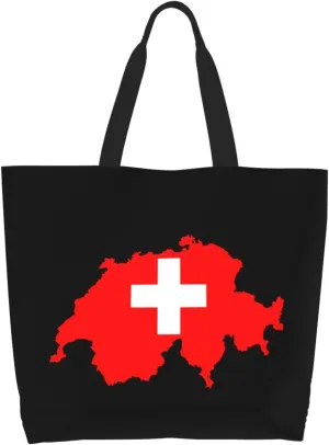 Flag Map of Switzerland Canvas Tote Bags for Women, Ladies Shoulder Handbags Large Purse Lightweight Foldable Reusable Shopping Bag with Pockets for Work, Travel, 15.7x19.7in