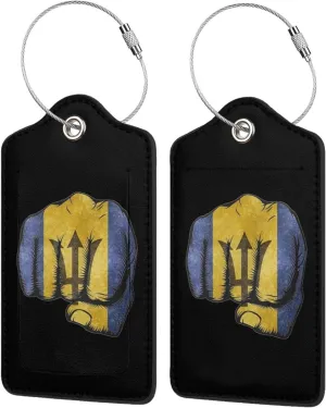 Flag of Barbados Fist Power Bucket Luggage Tags for Travel, Stainless Steel & Leather, Personalized Engraved, Durable Bag Tags 4 PCS