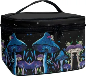 Flashideas Blue Mushrooms Makeup Bag for Travel Large Capacity Travel Toiletry Bag for Cosmetics Vertical Storage Double Zippers for Cosmetics Vertical Storage