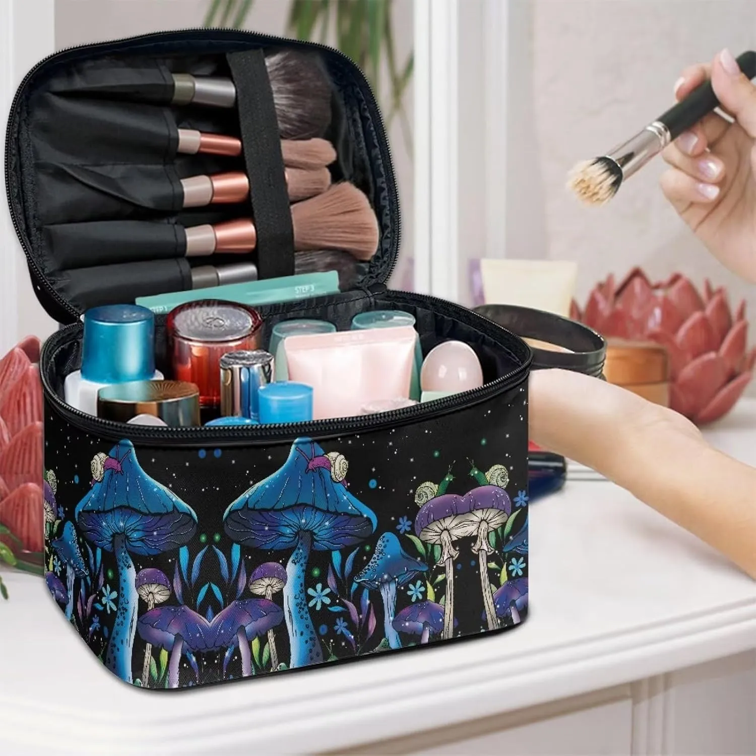 Flashideas Blue Mushrooms Makeup Bag for Travel Large Capacity Travel Toiletry Bag for Cosmetics Vertical Storage Double Zippers for Cosmetics Vertical Storage