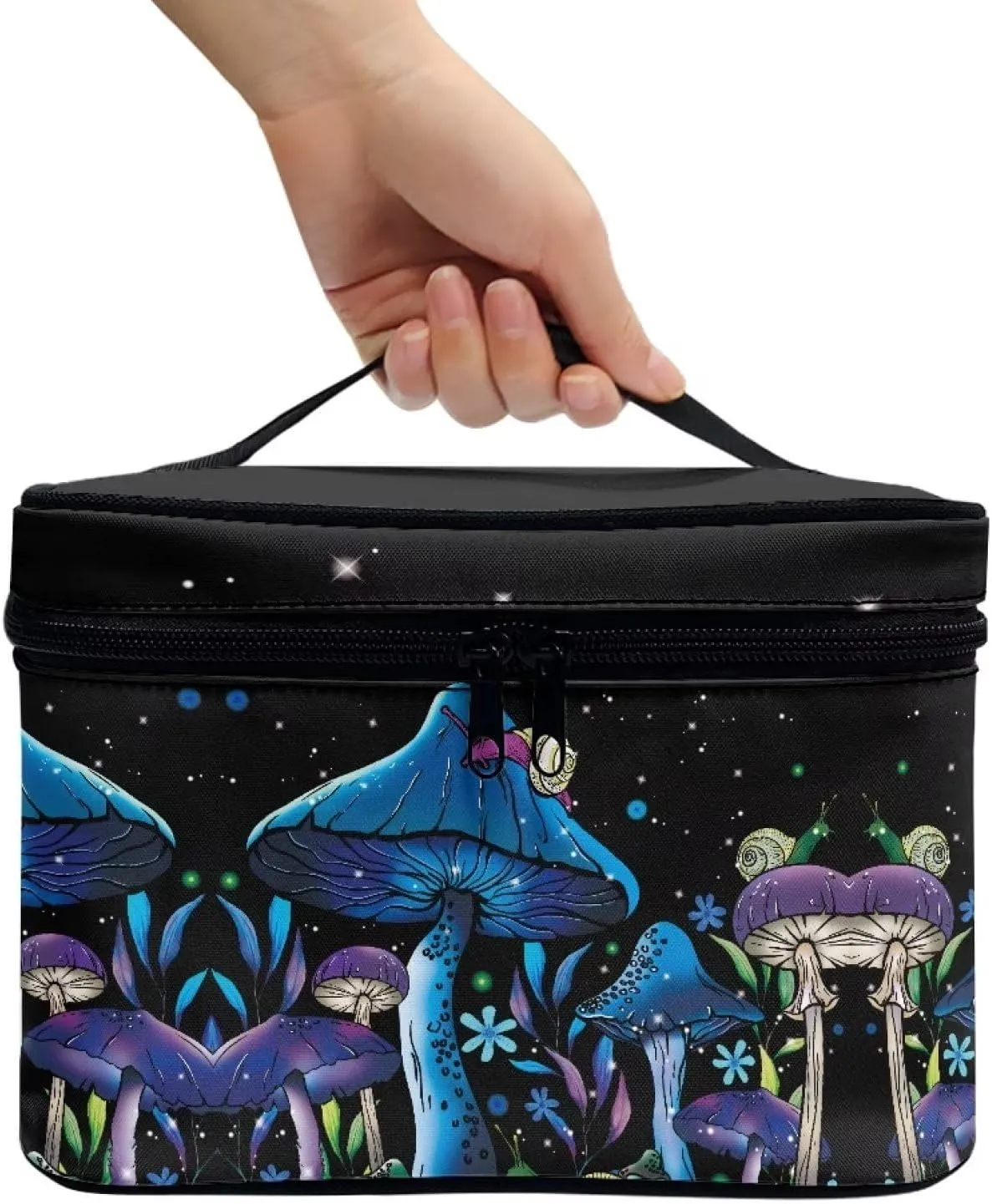 Flashideas Blue Mushrooms Makeup Bag for Travel Large Capacity Travel Toiletry Bag for Cosmetics Vertical Storage Double Zippers for Cosmetics Vertical Storage