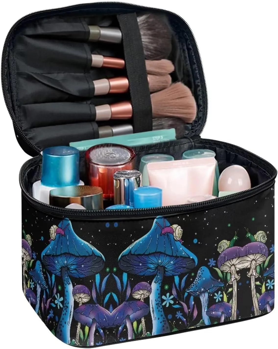 Flashideas Blue Mushrooms Makeup Bag for Travel Large Capacity Travel Toiletry Bag for Cosmetics Vertical Storage Double Zippers for Cosmetics Vertical Storage
