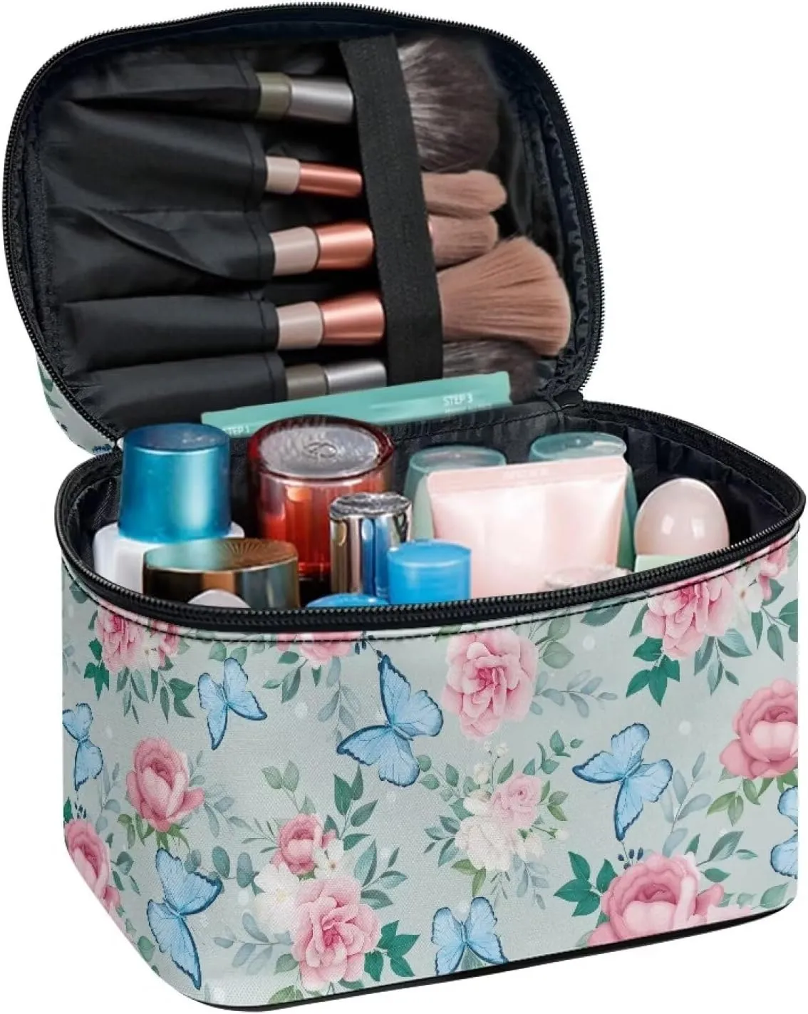 Flashideas Butterfly Flower Cosmetic Bag Skincare Bag Large Opening Design Makeup Bag Easy to Hold Portable Storage Bag for Cosmetics Vertical Storage