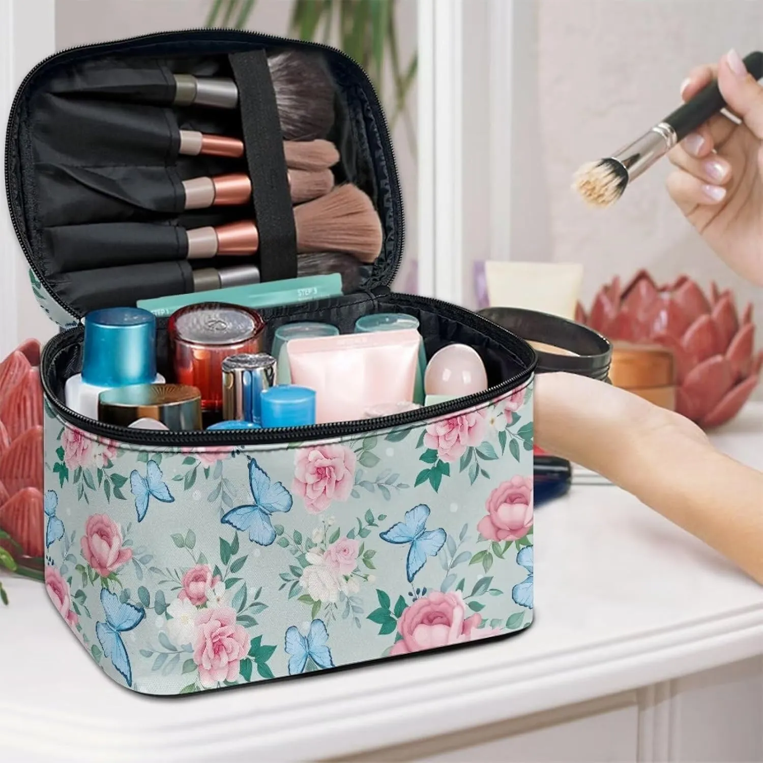 Flashideas Butterfly Flower Cosmetic Bag Skincare Bag Large Opening Design Makeup Bag Easy to Hold Portable Storage Bag for Cosmetics Vertical Storage