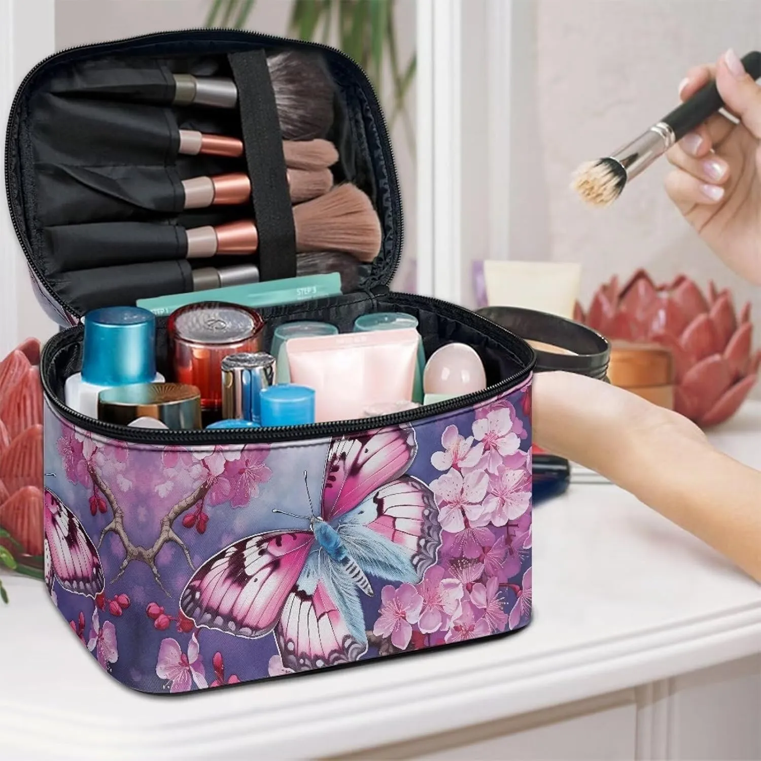 Flashideas Butterfly Makeup Bag Large Capacity Travel Toiletry Bag Easy to Take Can Hold Makeup Brushes Skincare Double Zippers Toiletry Bag for Skincare Makeup Organizer Bag