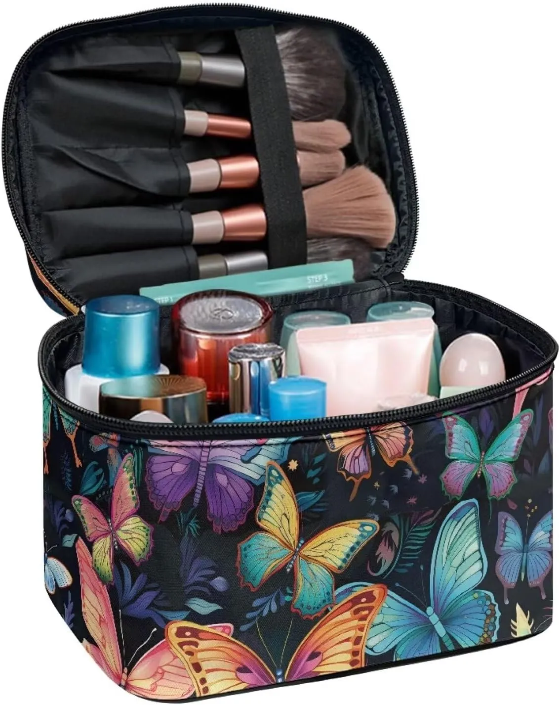 Flashideas Colorful Butterfly Makeup Bag Skincare Bag Large Capacity Travel Toiletry Bag Easy to Take Can Hold Makeup Brushes Skincare with Handle for Jewelry, Lipstick, Cosmetic Box