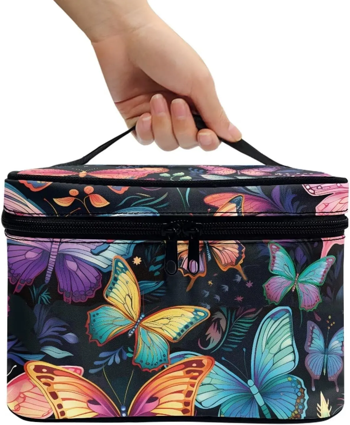 Flashideas Colorful Butterfly Makeup Bag Skincare Bag Large Capacity Travel Toiletry Bag Easy to Take Can Hold Makeup Brushes Skincare with Handle for Jewelry, Lipstick, Cosmetic Box