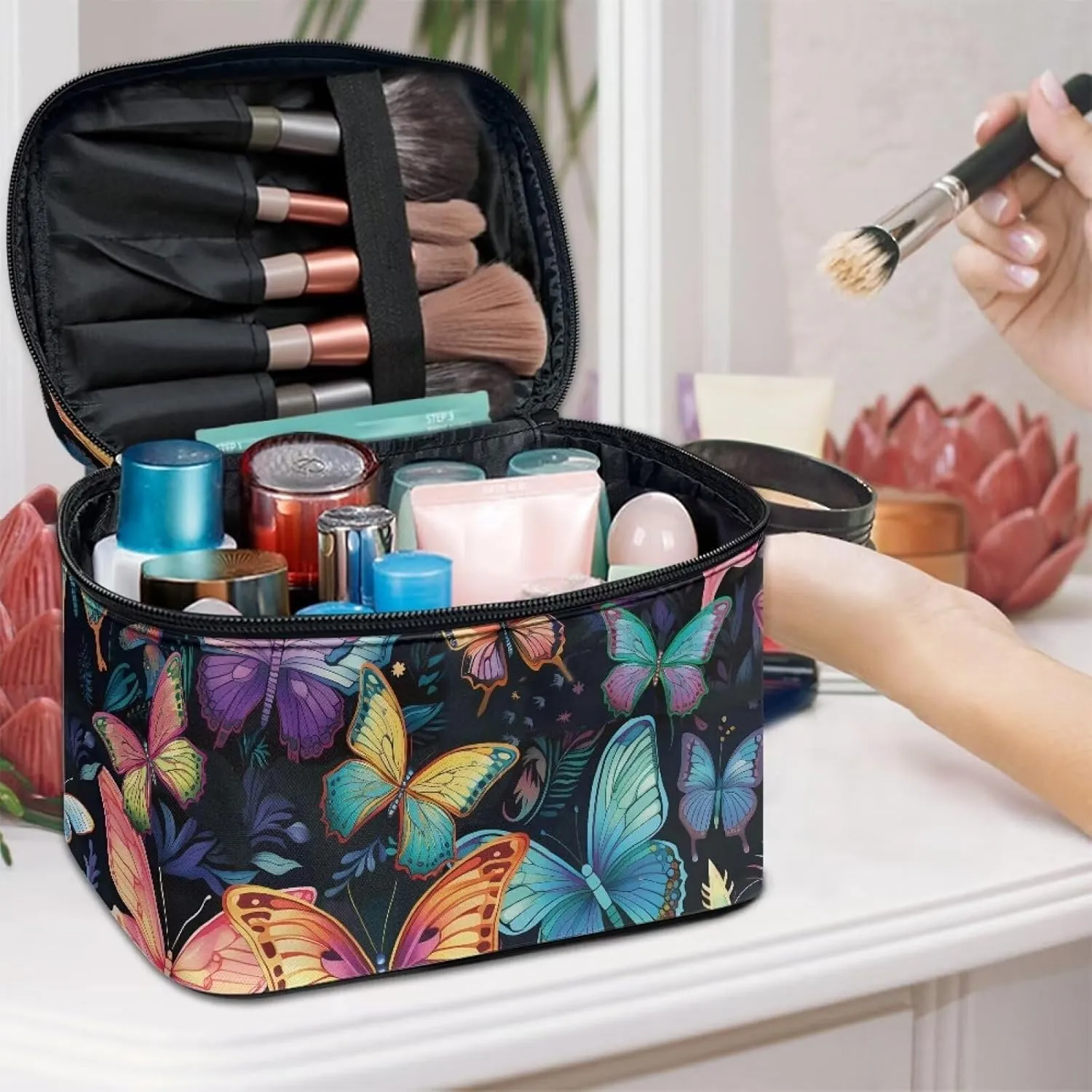 Flashideas Colorful Butterfly Makeup Bag Skincare Bag Large Capacity Travel Toiletry Bag Easy to Take Can Hold Makeup Brushes Skincare with Handle for Jewelry, Lipstick, Cosmetic Box