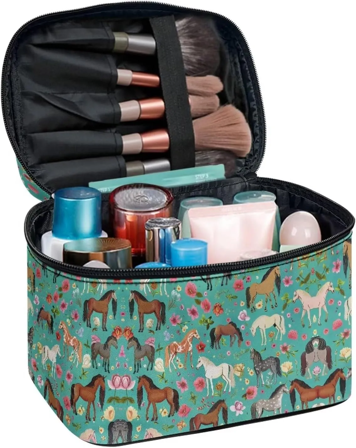 Flashideas Green Shredded Horse Cosmetic Pouch Cosmetic Organizer Storage Case Makeup Organizer Bag for Travel Easy to Take with Handle for Jewelry, Lipstick, Cosmetic Box