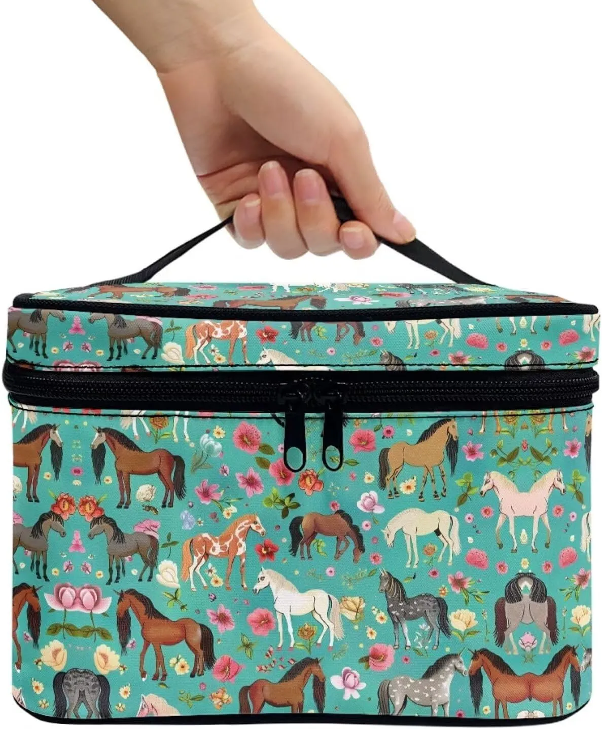 Flashideas Green Shredded Horse Cosmetic Pouch Cosmetic Organizer Storage Case Makeup Organizer Bag for Travel Easy to Take with Handle for Jewelry, Lipstick, Cosmetic Box