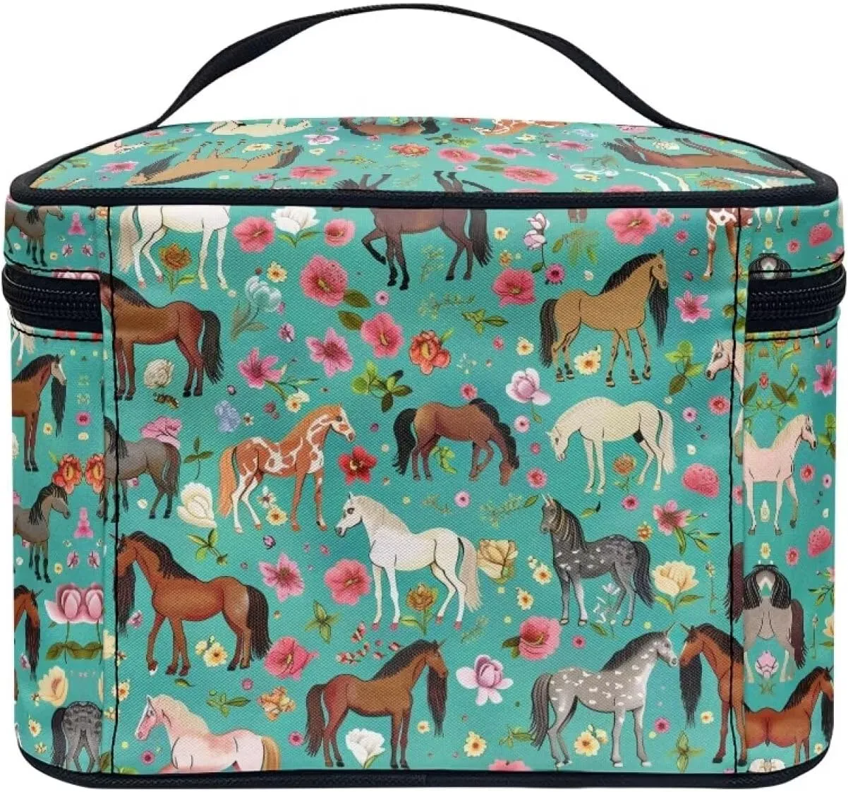 Flashideas Green Shredded Horse Cosmetic Pouch Cosmetic Organizer Storage Case Makeup Organizer Bag for Travel Easy to Take with Handle for Jewelry, Lipstick, Cosmetic Box