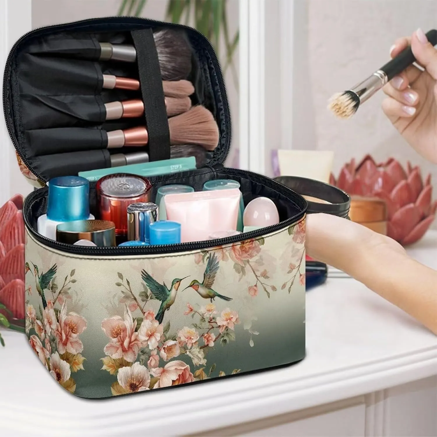Flashideas Hummingbird Makeup Bag Large Opening Design Makeup Bag Cosmetic Organizer Storage Case Makeup Organizer Bag for Travel with Makeup Brushes Compartments
