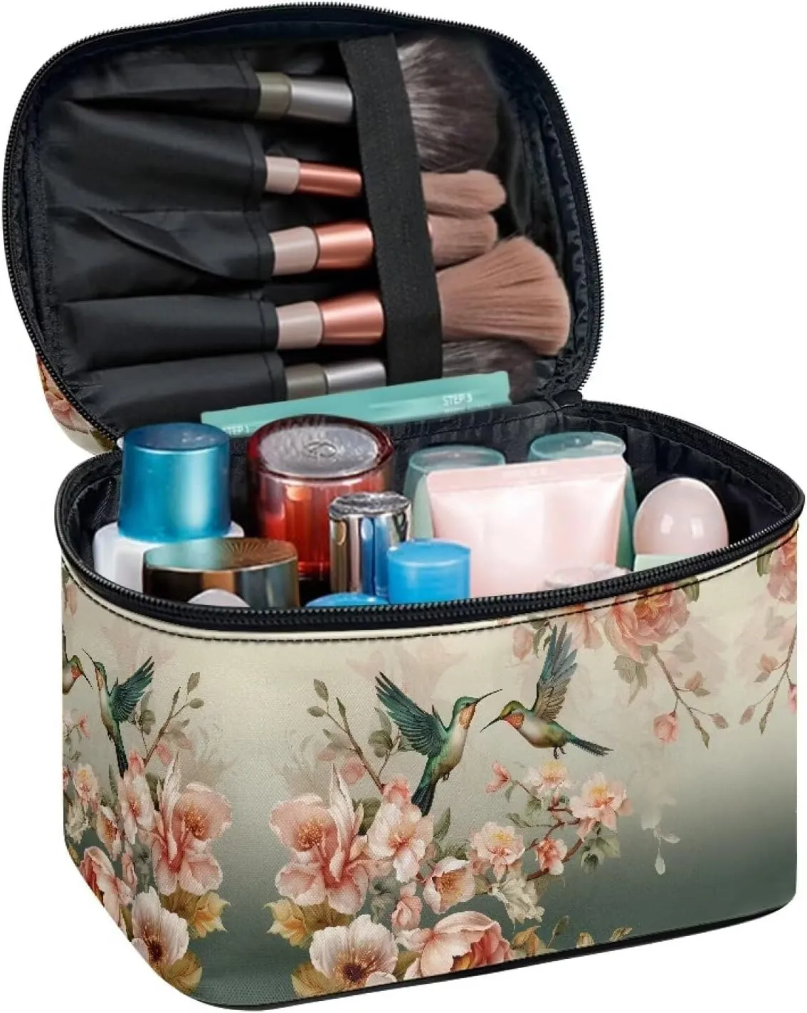 Flashideas Hummingbird Makeup Bag Large Opening Design Makeup Bag Cosmetic Organizer Storage Case Makeup Organizer Bag for Travel with Makeup Brushes Compartments