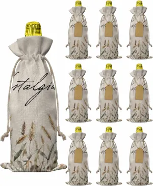 Flax Wine Bags Set of 10, Fall Autumn Wheat Vintage Pastoral Minimalist Style Bottle Bags With Drawstrings Tags Reusable Wine Bottle Covers for Wedding Birthday Travel