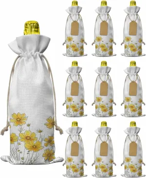 Flax Wine Bags Set of 10, Summer Chrysanthemums Floral Minimalist Pastoral Yellow White Bottle Bags With Drawstrings Tags Reusable Wine Bottle Covers for Wedding Birthday Travel