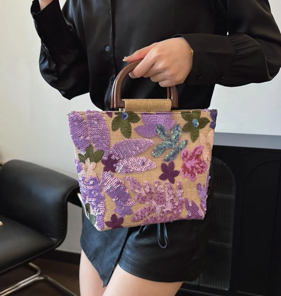 Floral Embroidery Handbag Sequin Clutch Purse Cute Crossbody Bags Hobo Purses Beach Tote Bag Woven Wallet for Women