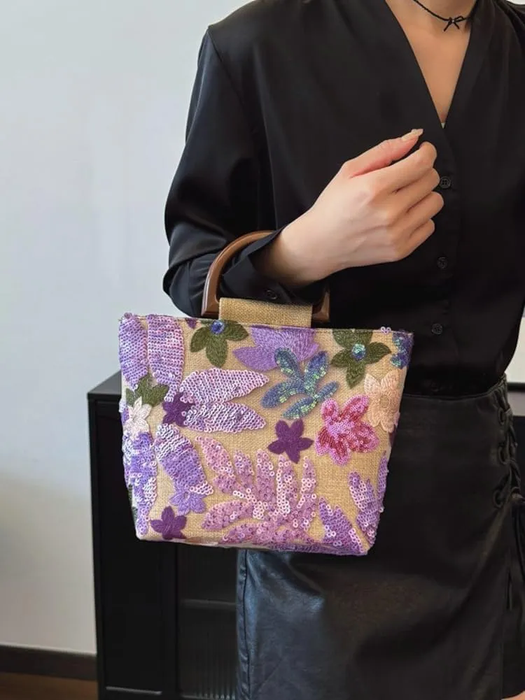 Floral Embroidery Handbag Sequin Clutch Purse Cute Crossbody Bags Hobo Purses Beach Tote Bag Woven Wallet for Women