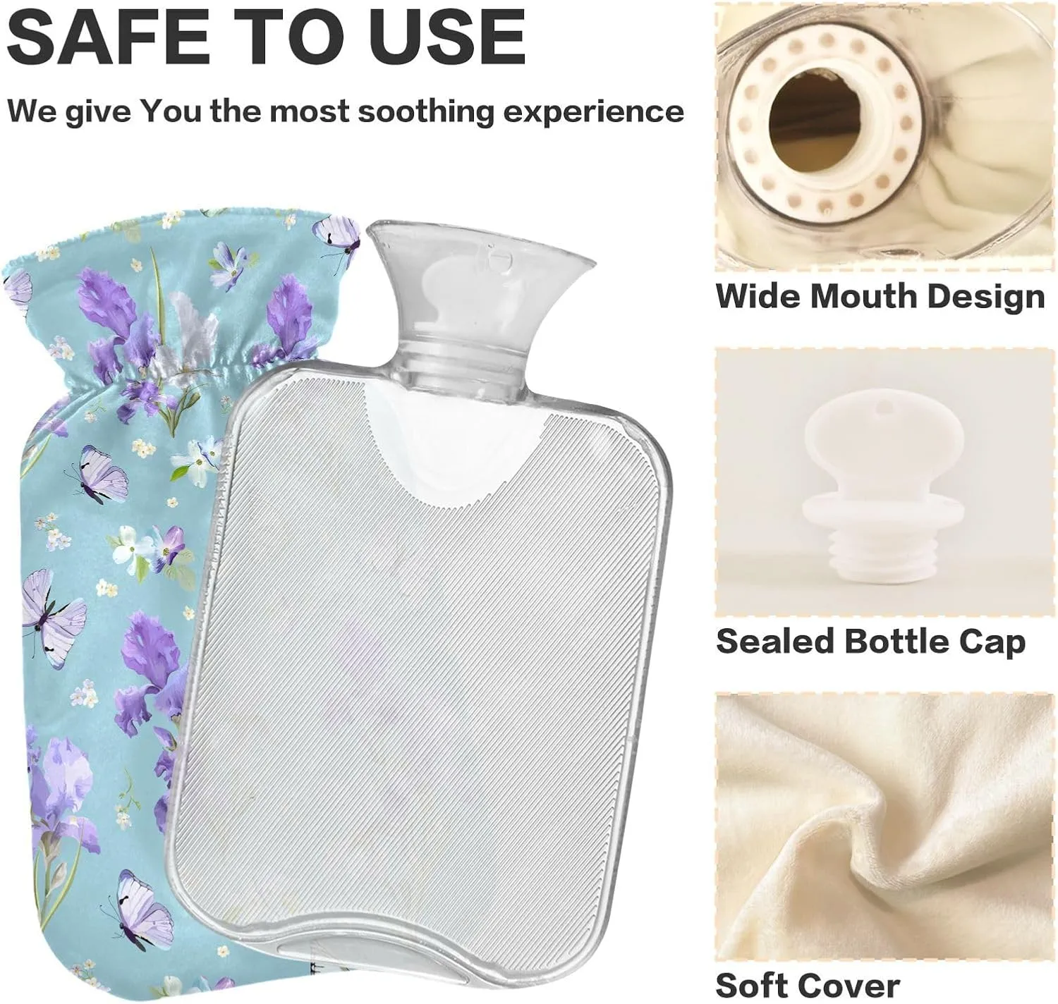 Floral Light Blue Hot Water Bottle with Cute Cover, 2 Liters Durable Hot Water Bag for Menstrual Cramps, Neck and Shoulder Pain Relief, Hand Feet Bed Warmer