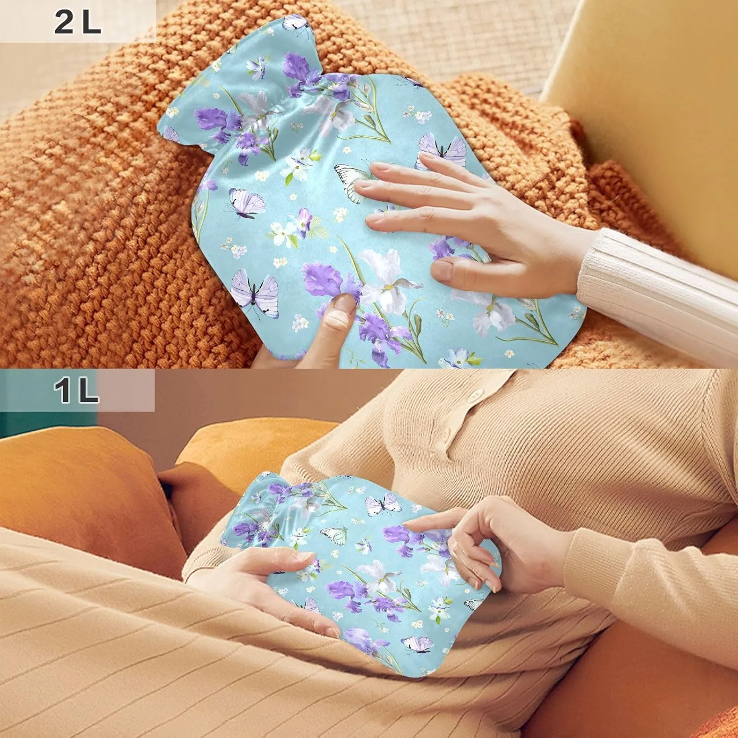 Floral Light Blue Hot Water Bottle with Cute Cover, 2 Liters Durable Hot Water Bag for Menstrual Cramps, Neck and Shoulder Pain Relief, Hand Feet Bed Warmer