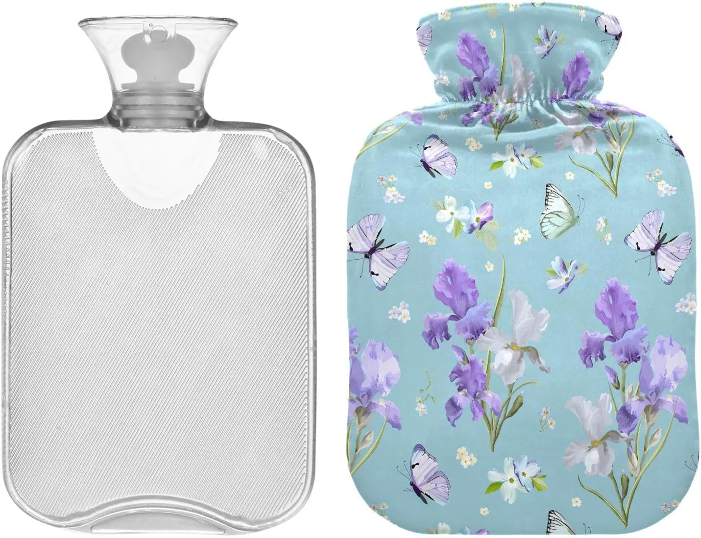 Floral Light Blue Hot Water Bottle with Cute Cover, 2 Liters Durable Hot Water Bag for Menstrual Cramps, Neck and Shoulder Pain Relief, Hand Feet Bed Warmer