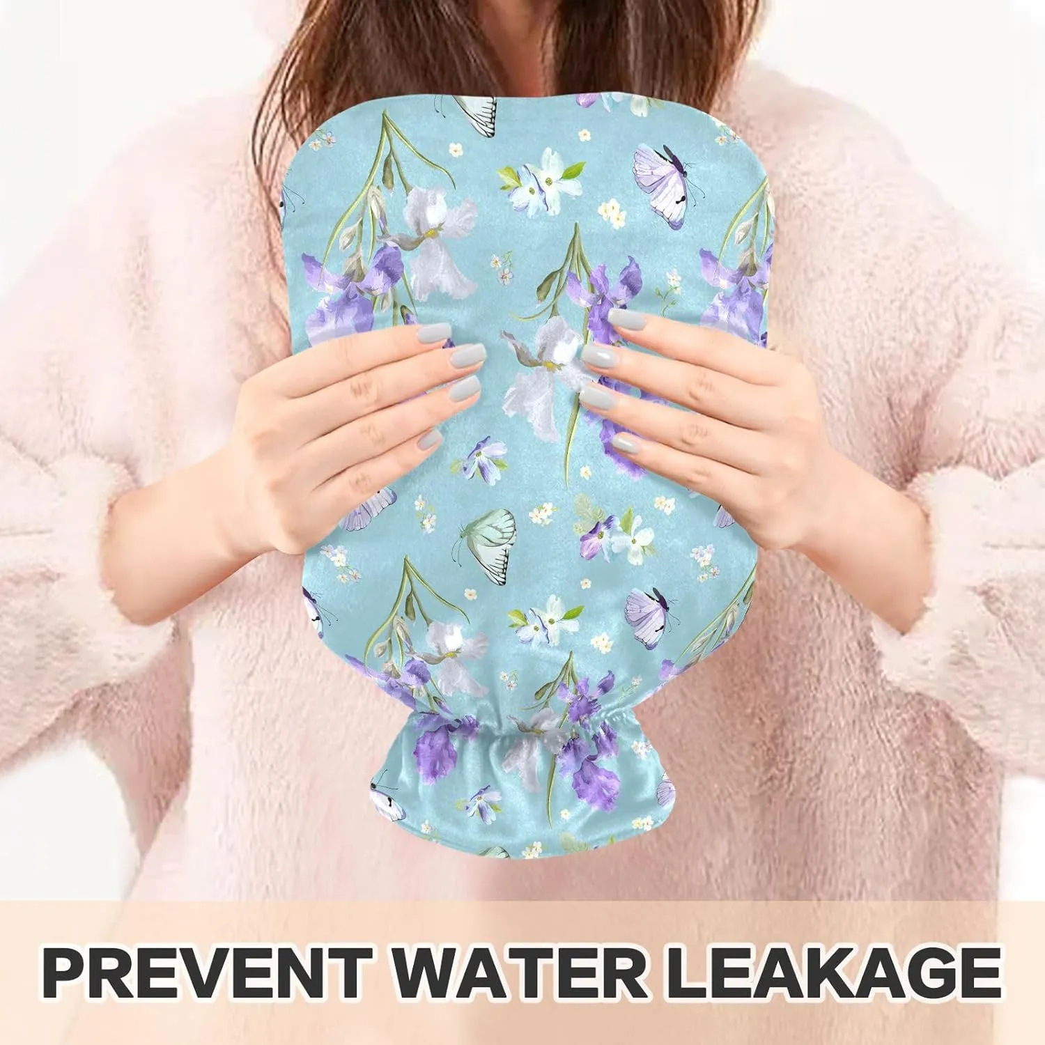 Floral Light Blue Hot Water Bottle with Cute Cover, 2 Liters Durable Hot Water Bag for Menstrual Cramps, Neck and Shoulder Pain Relief, Hand Feet Bed Warmer