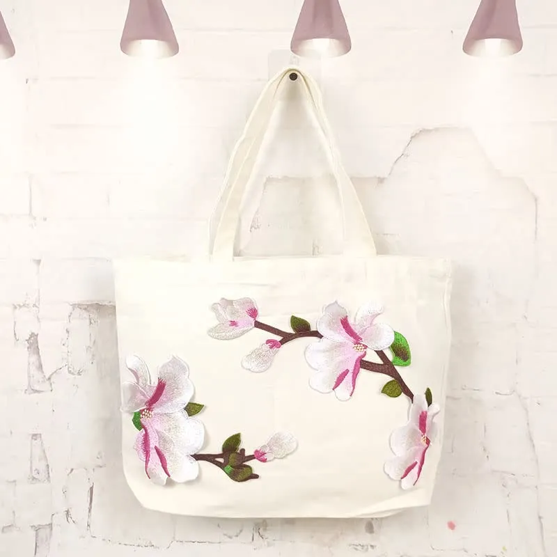 Floral Pattern Reusable Grocery Bag Large Foldable Shopping Bag Heavy Duty Tote Bag with Reinforced Handle Traditional Embroidery Craft Cute Tote Bag for Women Gift Beach Bag (Blue Phoenix) (Magnolia Flower)
