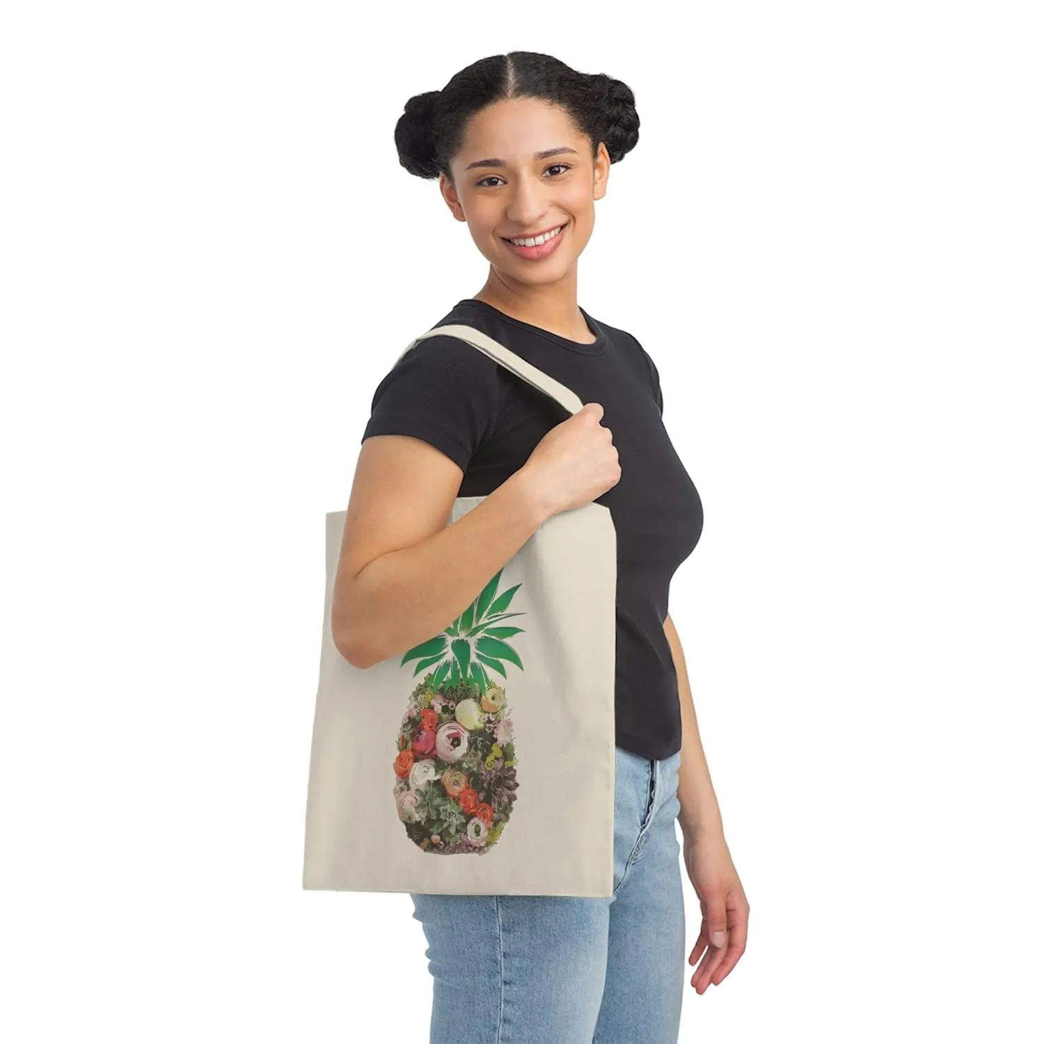 Floral Pineapple Aloha Summer Vegan Canvas Tote Bag