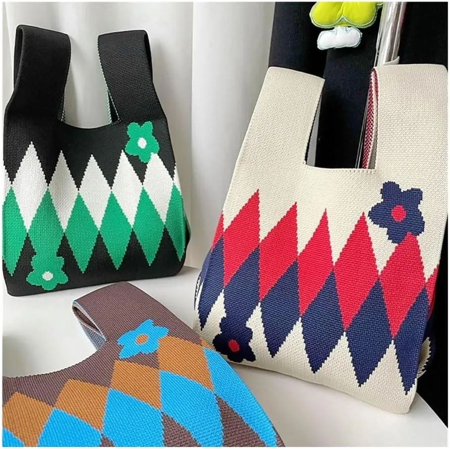 Flower Handmade Knit Handbags Women Knot Wrist Bag Casual Small Tote Bag Girls Reusable Shopping Bags