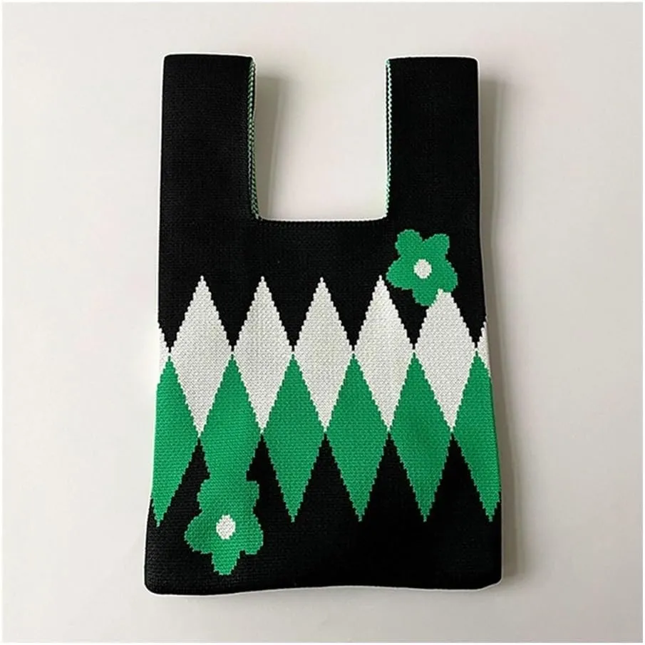 Flower Handmade Knit Handbags Women Knot Wrist Bag Casual Small Tote Bag Girls Reusable Shopping Bags