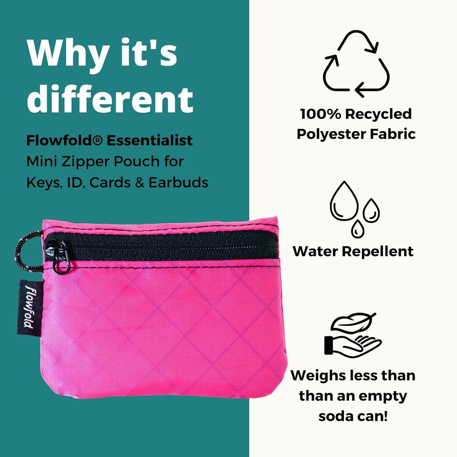 Flowfold Recycled Fabric Mini Zipper Pouch Water Repellent Small Pouch Wallet & Card Pouch for Keys, ID, Coins & AirPods Case Made in USA
